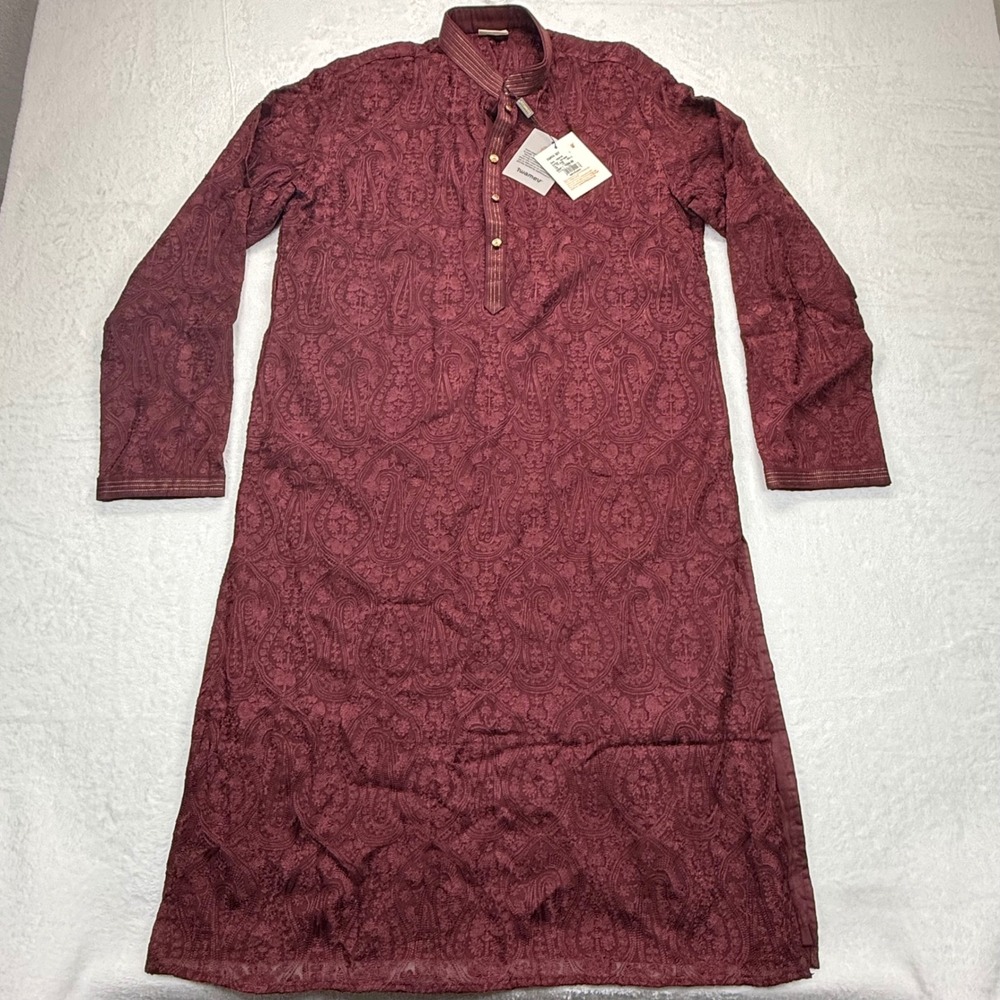 Twamev Kurta Wine‎ Paisley Embroidered Indian Tunic Dress Large